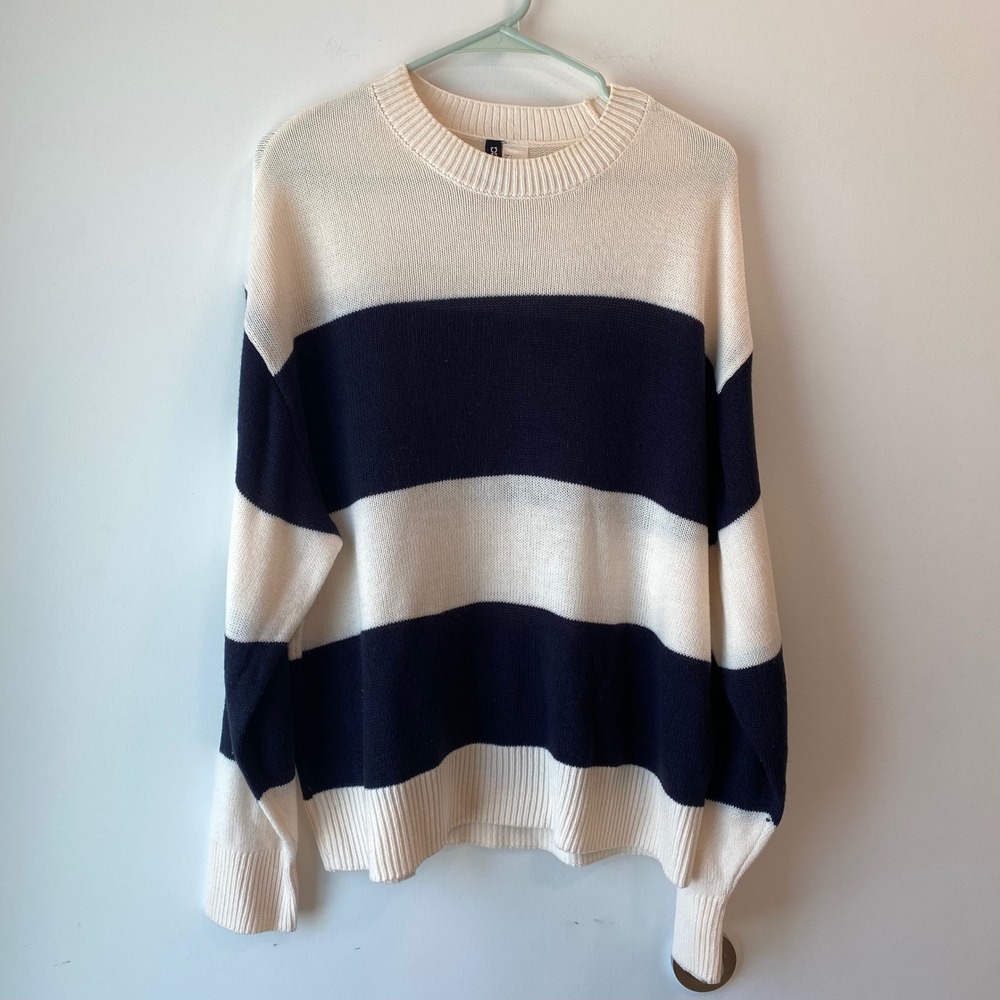 H&M Sweater Women Large Fisherman Knit Stripes Preppy Coastal Beach Crewneck